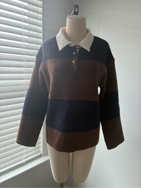 Vestique Women's Brown and Navy Polo Striped Knit Sweater